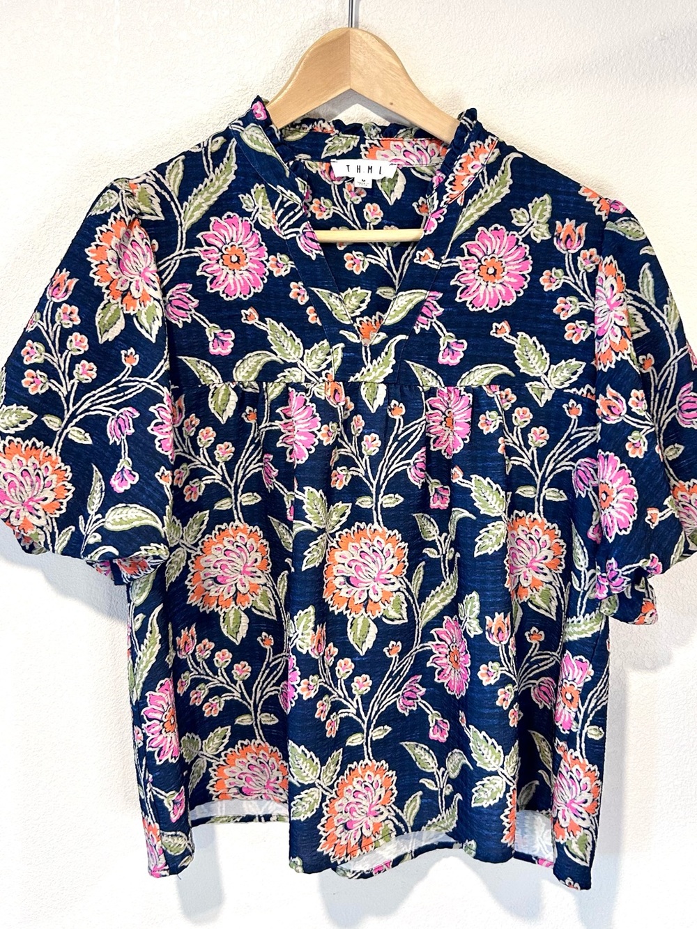 THML Navy Bloom Floral Bubble Puff Sleeve Top Boho Feminine Bold Colorful Size M